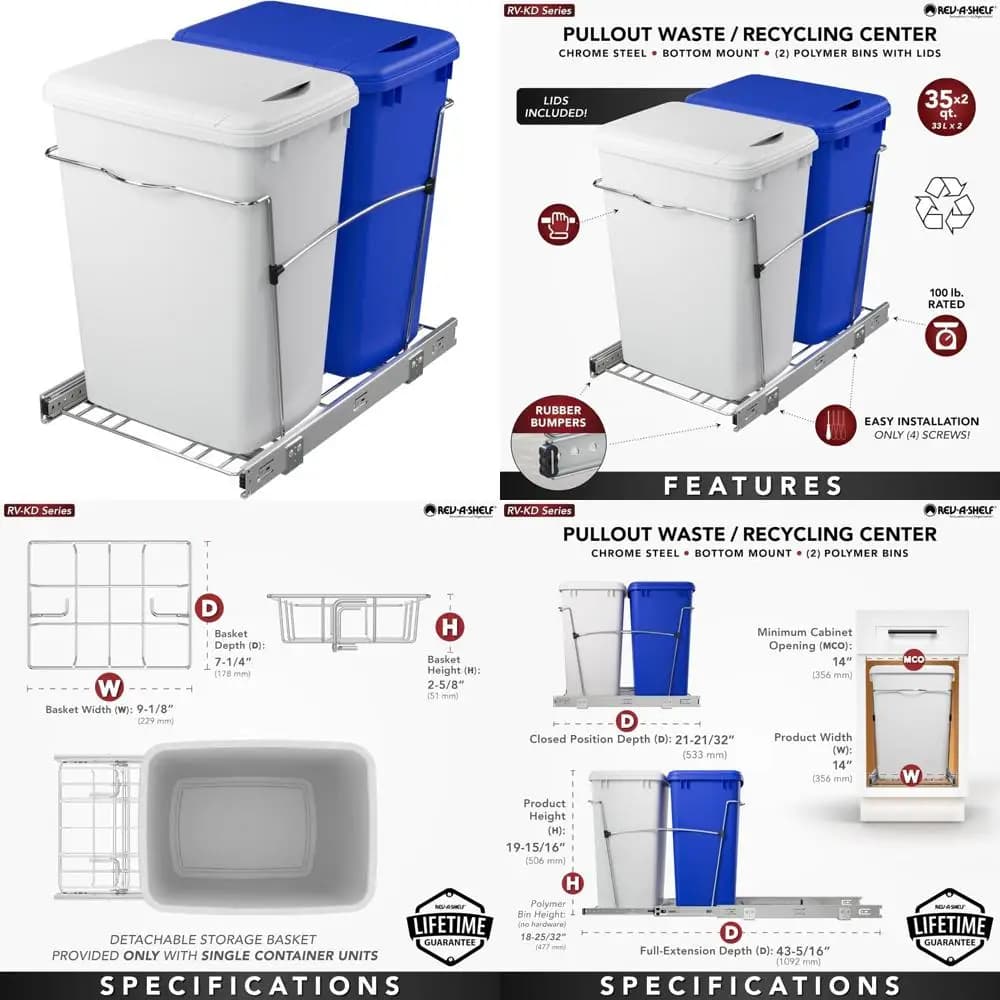 Pattumiera estraibile doppia Pattumiera per armadio da cucina da 35 Qt Pattumiera per riciclaggio dei rifiuti con scivolo a estensione completa, soluzione salvaspazio