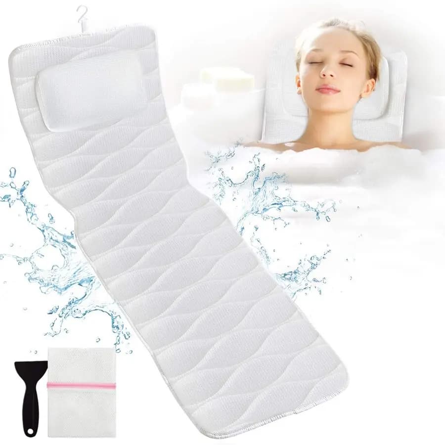 Bathroom cushion for the whole body, bathtub cushions with mesh bag and 21 non-slip suction cups, for spa and bathtub, for head, neck and shoulders