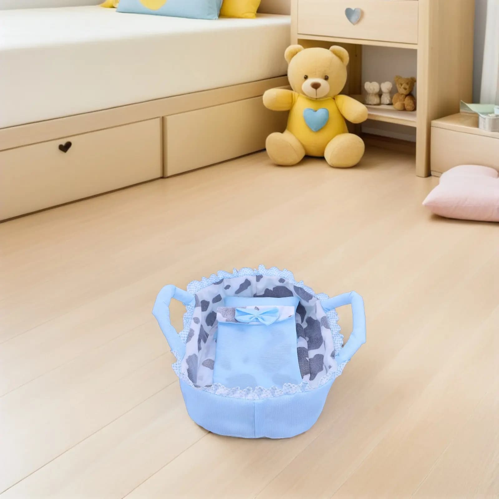 Culla per Bambole 35Cm, Culla Portatile per Reborn, Cuscino e Coperta, Mini Mobili per Casa delle Bambole, Giocattolo Culla Blu per Bambini