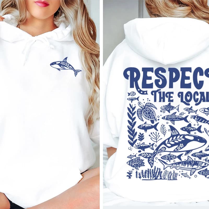 Hoodie Protect The Sharks "Respect The Locals" Y2K Sudaderas vintage long sleeves with marine animals, women's streetwear clothing