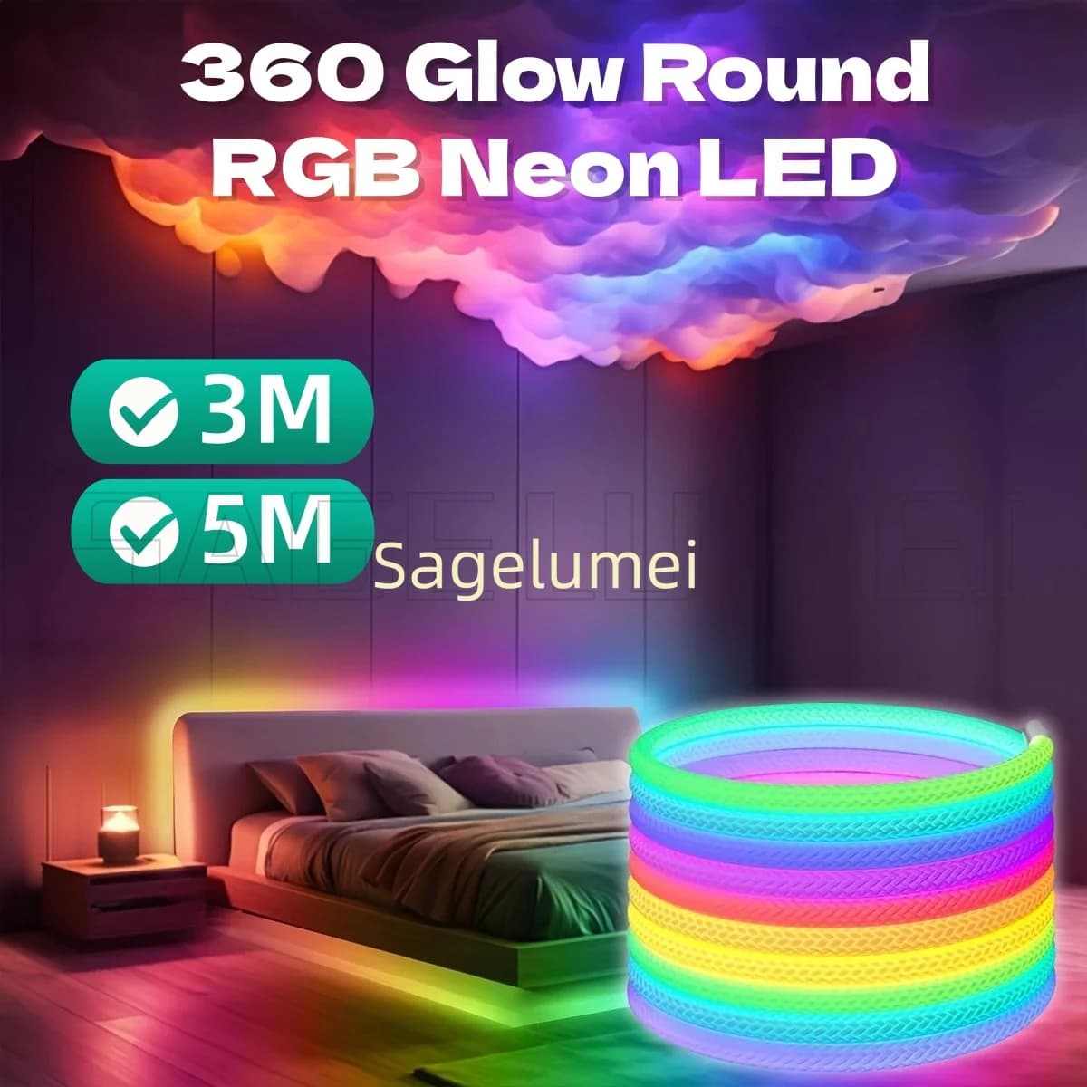 360 Glow Round RGB Neon LED Striscia intrecciata Bluetooth APP Telecomando 5V USB WS2812B Sincronizzazione musicale Decorazione corda impermeabile