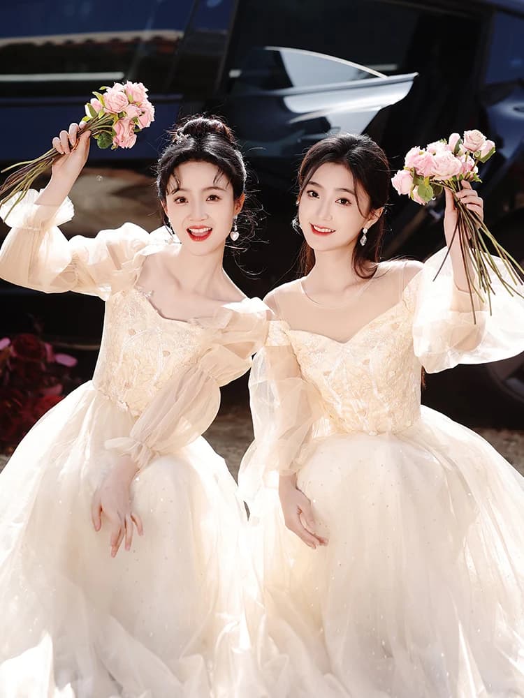 Champagne Color Long Sleeve Maids of Dresses 2026 New Style Fairy Atmosphere Girls Summer Dresses Wedding Dresses