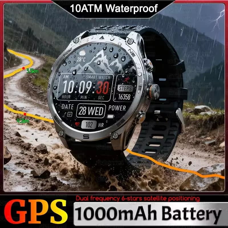 Nuovo orologio intelligente GPS militare per esterni, batteria da 1000 mAh, chiamata Bluetooth, schermo AMOLED da 1,75 pollici, orologio sportivo con torcia impermeabile 10ATM