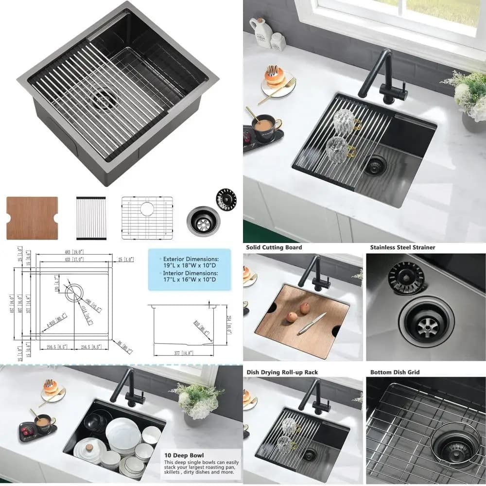 Lavello da Cucina Sottopiano in Acciaio Inox 19x18 Pollici con Tagliere per Spazi Ristretti e Uso Esterno