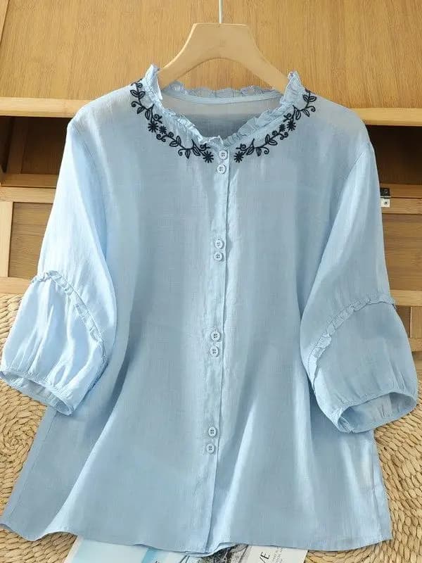 Elegante Camicia in Cotone e Lino Ricamata da Donna, Estiva, Leggera, Fresca, con Maniche a Lanterna, Colletto in Pizzo Floreale