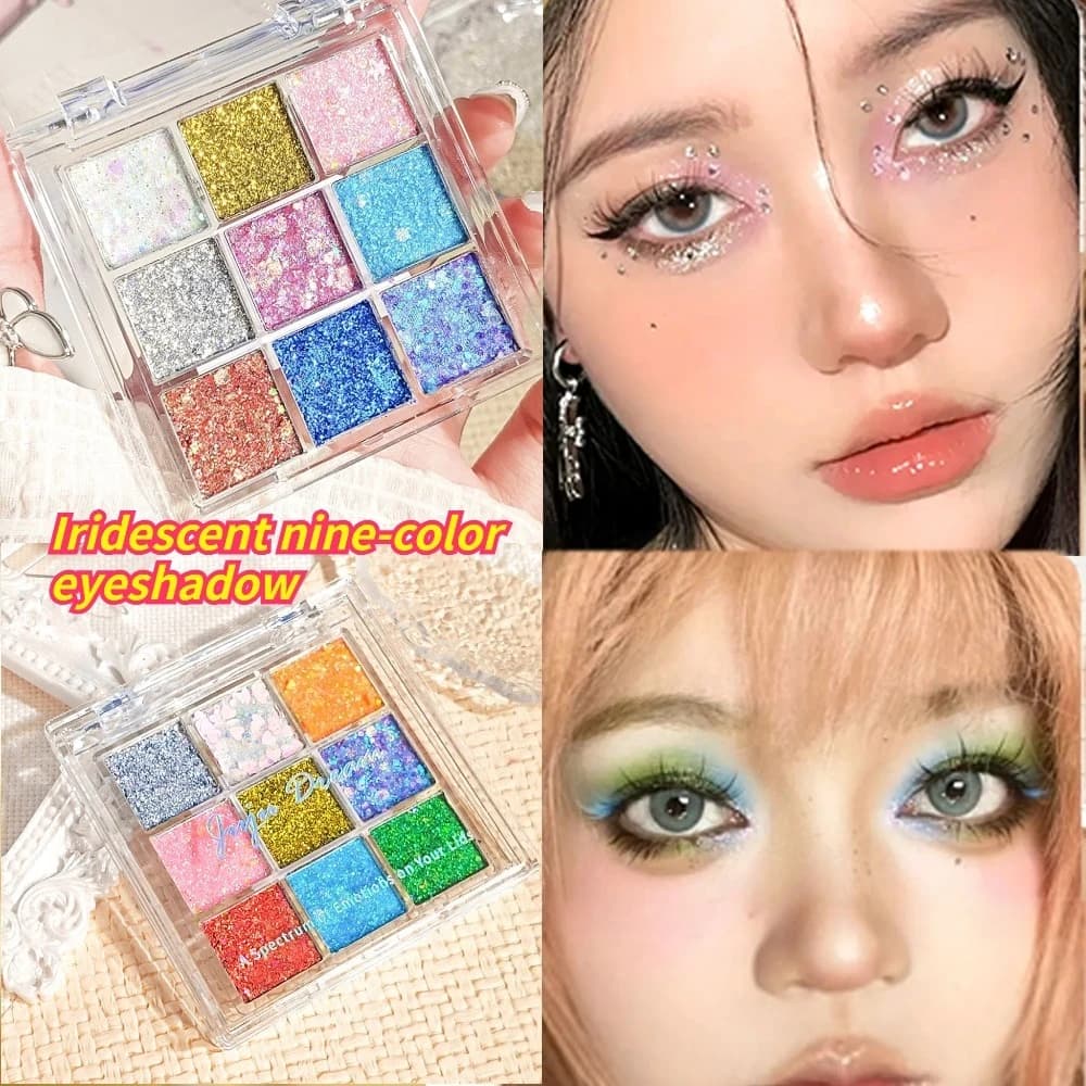 Palettes of glittered shades in 9 colors, golden glittering with high pigment, matt and sparkling finish, multi tones for everyday appearance and parties