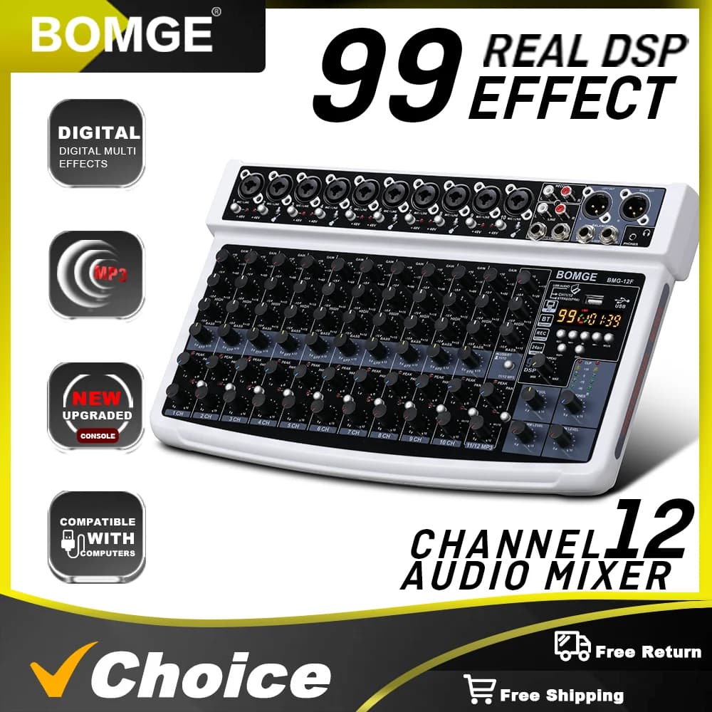 BOMGE Mixer audio professionale a 12 canali, RCA, jack per microfono XLR, alimentazione 48 V, 99 DSP per professionisti e principianti