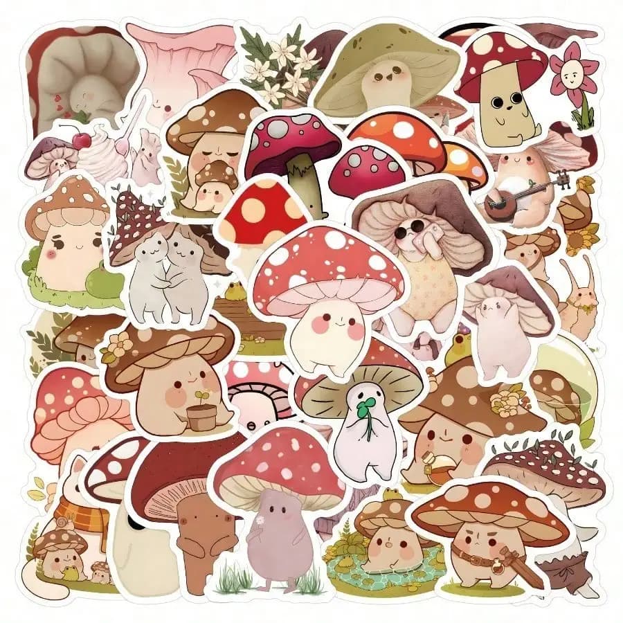 Adesivi con simpatici funghi dei cartoni animati - 60 pezzi adatti per decorare computer, tazze, borse, valigie, telefoni cellulari, biciclette, skateboard