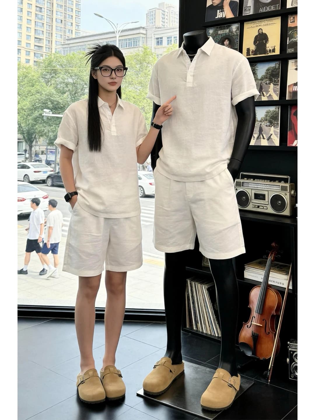 White Linen Men's Summer Shirt Shorts Set Lazy Loose Feeling Fashionable Youthful Short Sleeve Outfit Ensemble