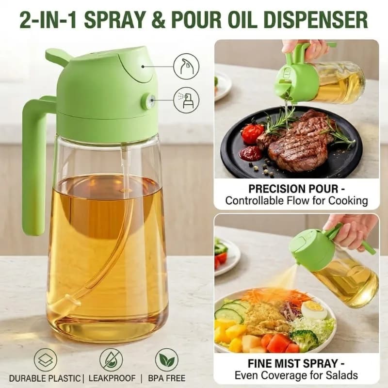 Dispenser spray 2 in 1 da 500 ml (17 oz) per olio d'oliva, per cucina, uso alimentare, spruzzatore per olio, adatto per friggitrice ad aria, barbecue, insalate e altri usi.