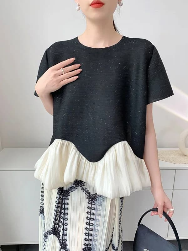 Nuova T-shirt Estiva da Donna con Paillettes, Raso Piegato, Maniche Corte, Patchwork Creativo, Stile Casual, in Fibra di Poliestere Traspirante