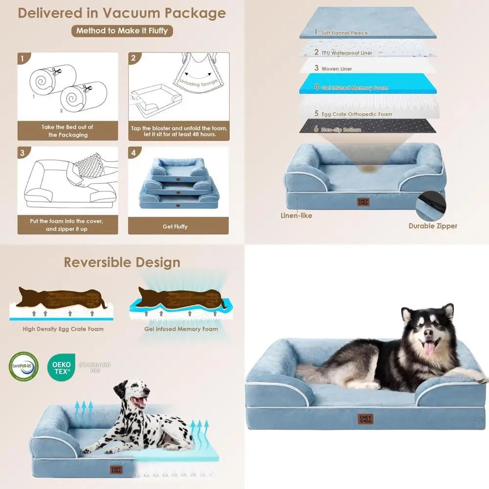 Letto Ortopedico Extra Large per Cani con Memory Foam Impermeabile, Base Antiscivolo e Rivestimento Rimovibile Lavabile, Blu