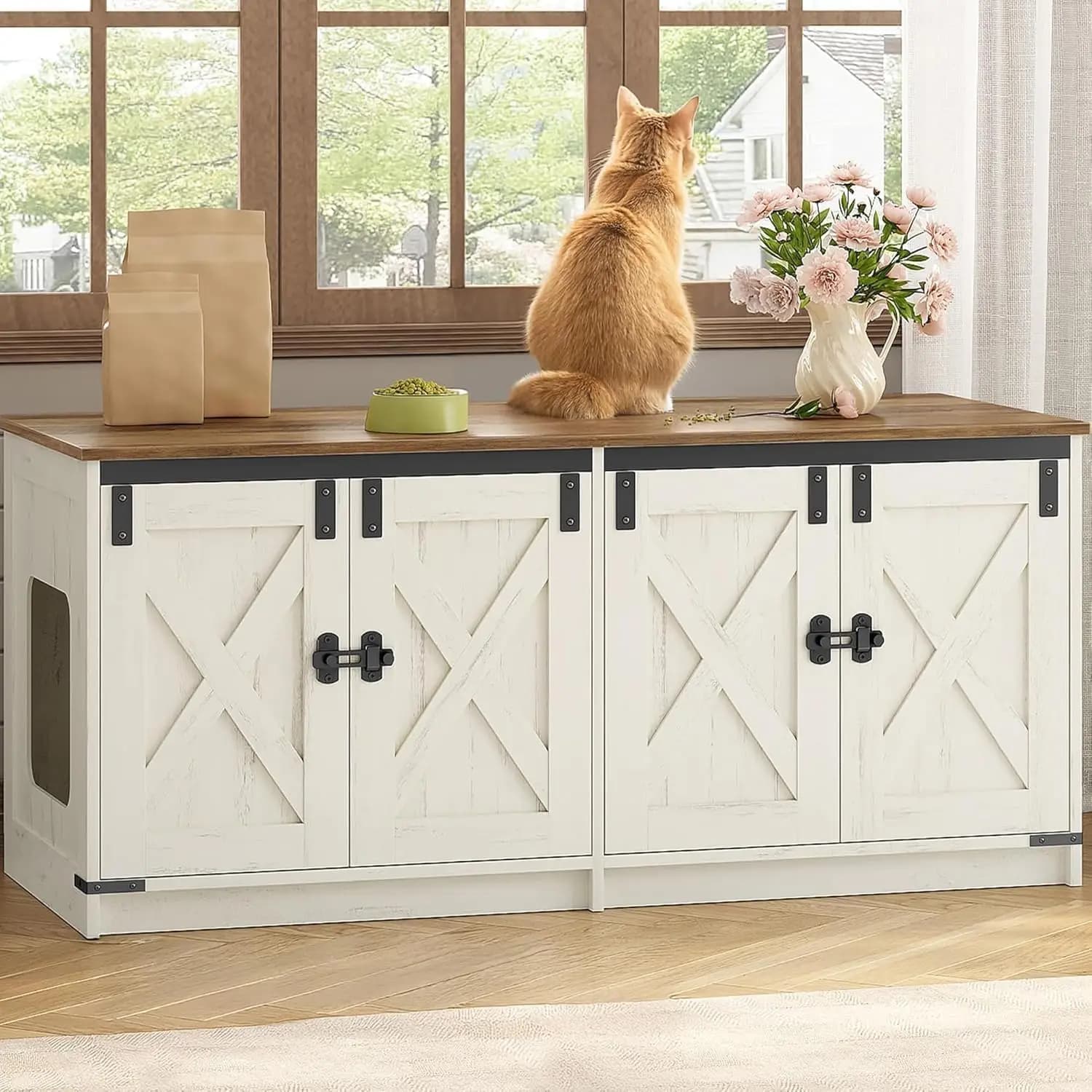 Mobiletto per lettiera a scomparsa per due gatti, con gabbia interna, colore marrone rustico e bianco, 467 x 189 x 211 pollici