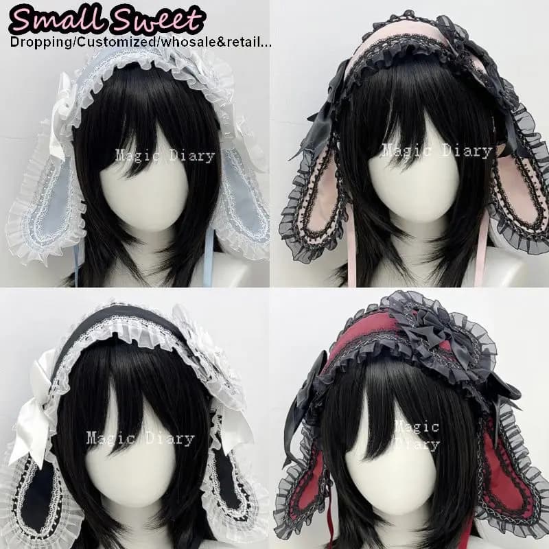 Fascia per capelli da donna Y2K con orecchie da coniglio, in pizzo e volant, stile Goth Lolita, accessorio per capelli carino