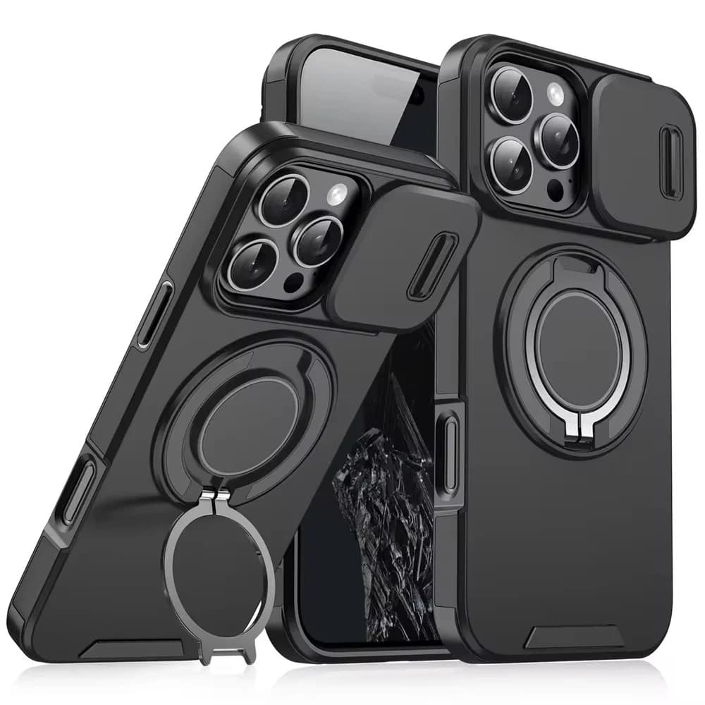 Slide Camera Protector Armor Phone Case For iPhone 16 15 14 Plus 13 12 11 Pro Max Magnetic 360 Rotate Holder Ring Cover Fundas