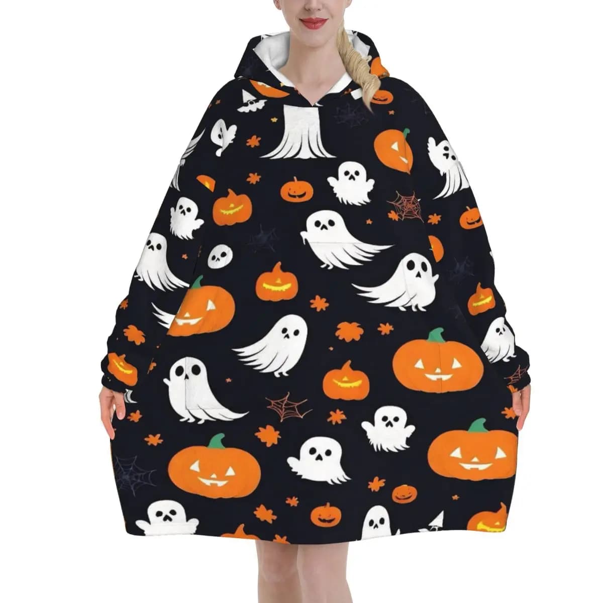 Halloween Ghost Pumpkin Spooky Trick Or Treat Witch Blanket Hoodie Wearable Blanket Sleeping Bag Soft Cozy Onesie