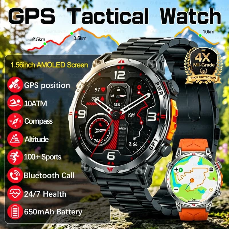 Nuovo Smartwatch Tattico Militare GPS 2026 da Uomo, Bussola per Esterni, Impermeabile 10ATM, Batteria 650mAh, Cardiofrequenzimetro, Chiamate Bluetooth, Braccialetto Sportivo