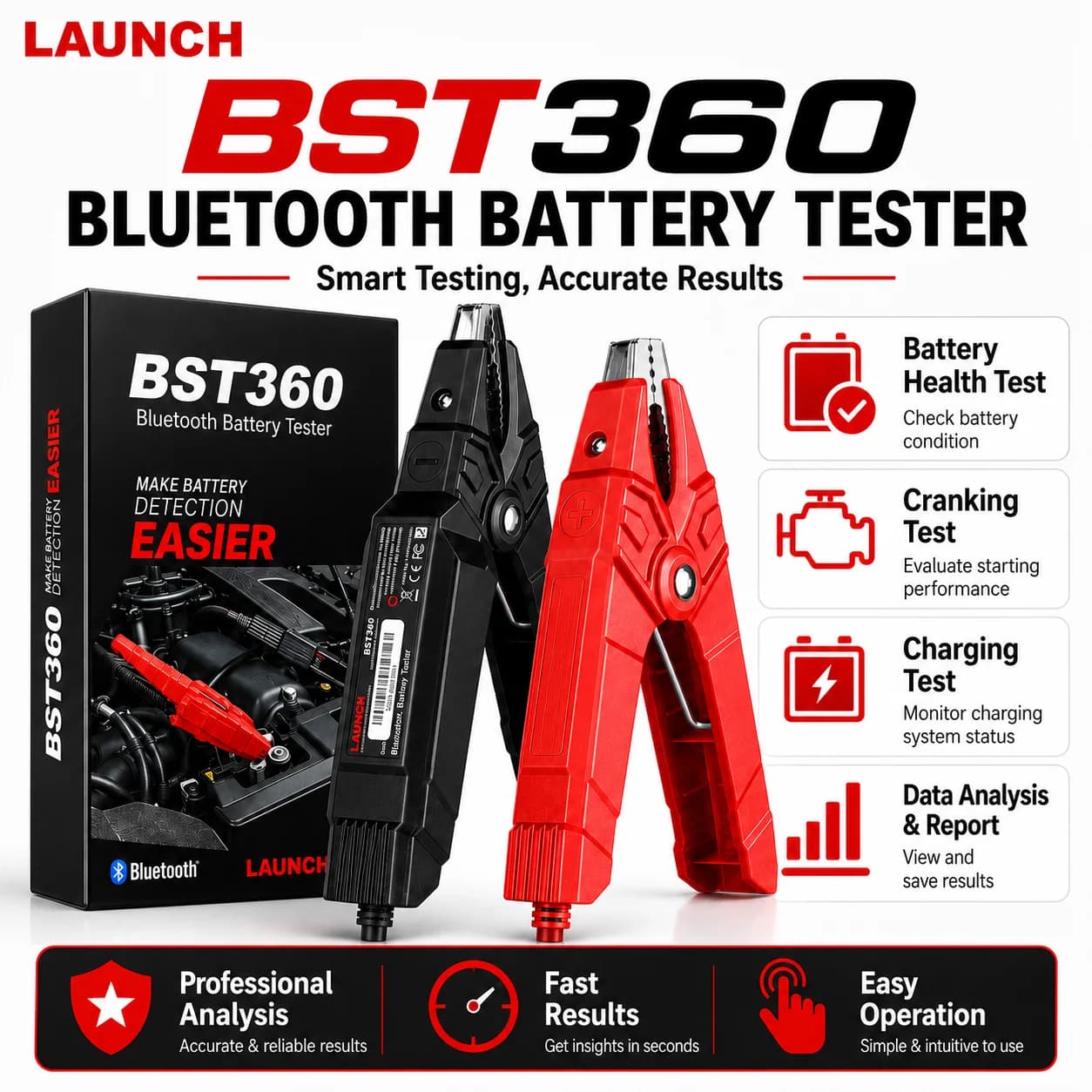 LAUNCH BST360 Bluetooth Automotive Battery Tester Clip 6V 12V 2000CCA System Load Analyzer for X431 PRO3S+/PAD V/Smartphones