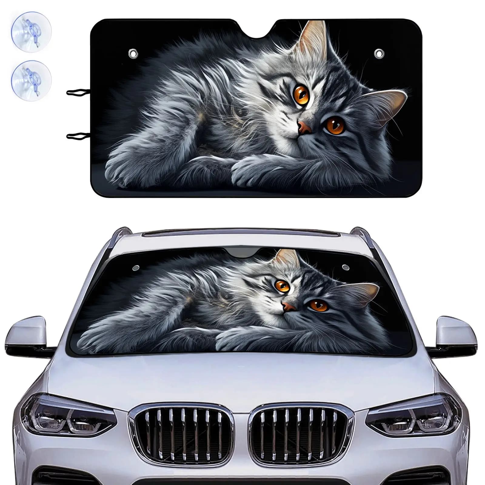 Car Sun Shade Black Fluffy Gray Cat With Orange Eyes Print | Universally Applicable Aluminum Windshield Protection, Ideal Birthd