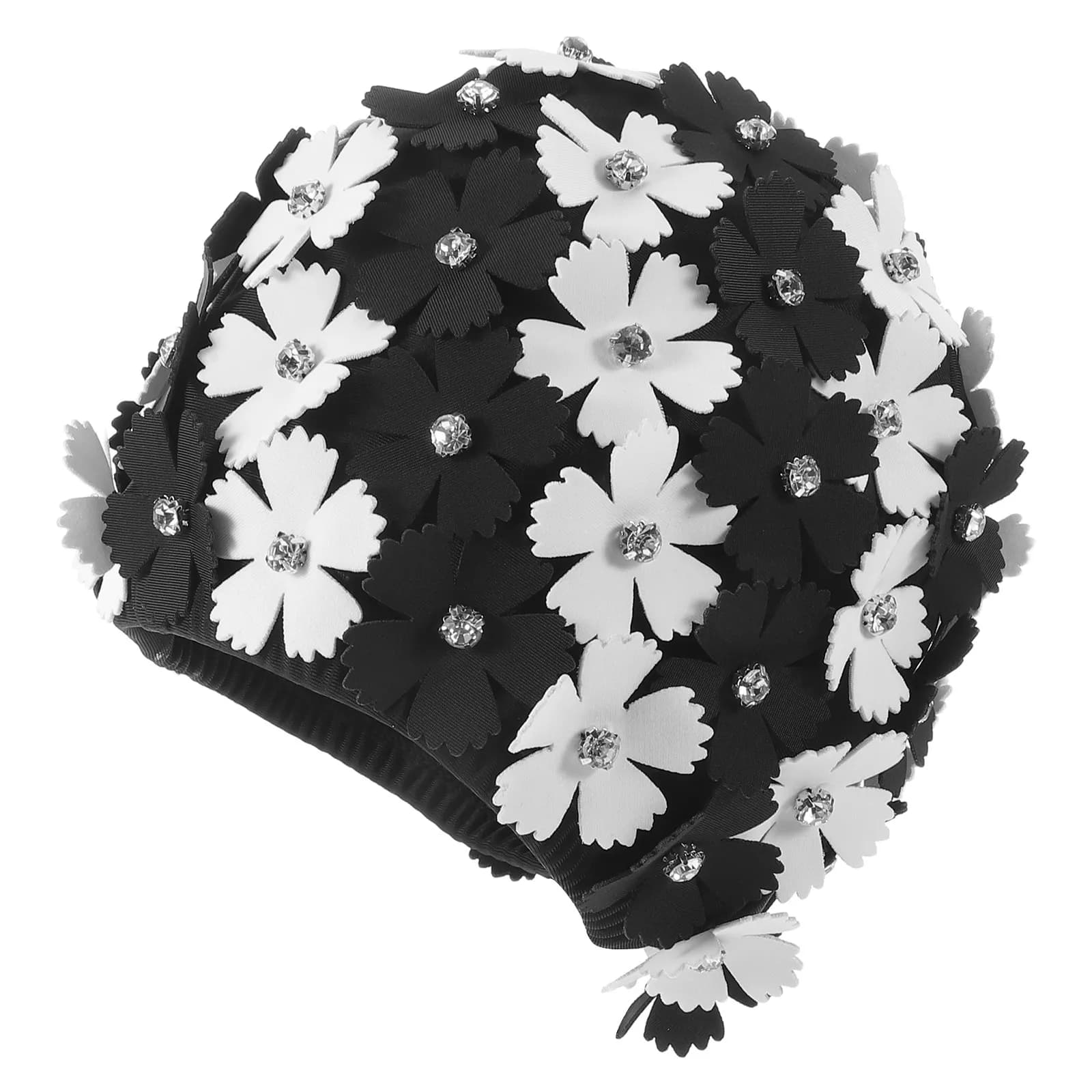 Women Floral Swim Cap 3D Flower Design Retro Turban Bathing Hat Black White Waterproof Elastic Fabric Swimming Cap for Long Hair