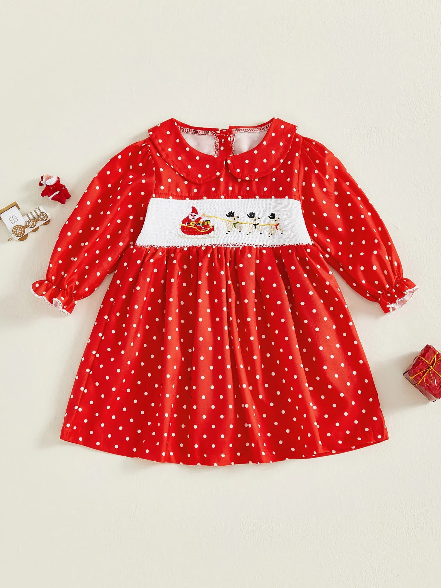 Simpatico abito natalizio per bambina con renna a bastoncino di zucchero di Babbo Natale e stampa a pois con colletto per bambola e maniche lunghe