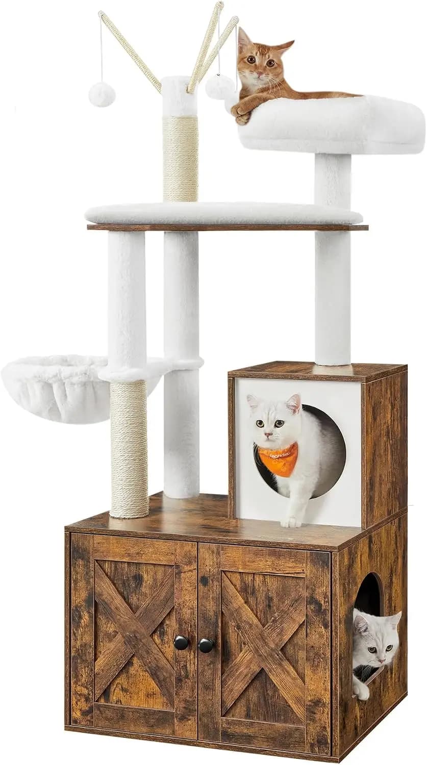 Feandrea Cat Tree with Litter Box Enclosure, 59-Inch Modern Cat Tower, 2-in-1 Condo with Scratching Posts, Washable Removable Cu
