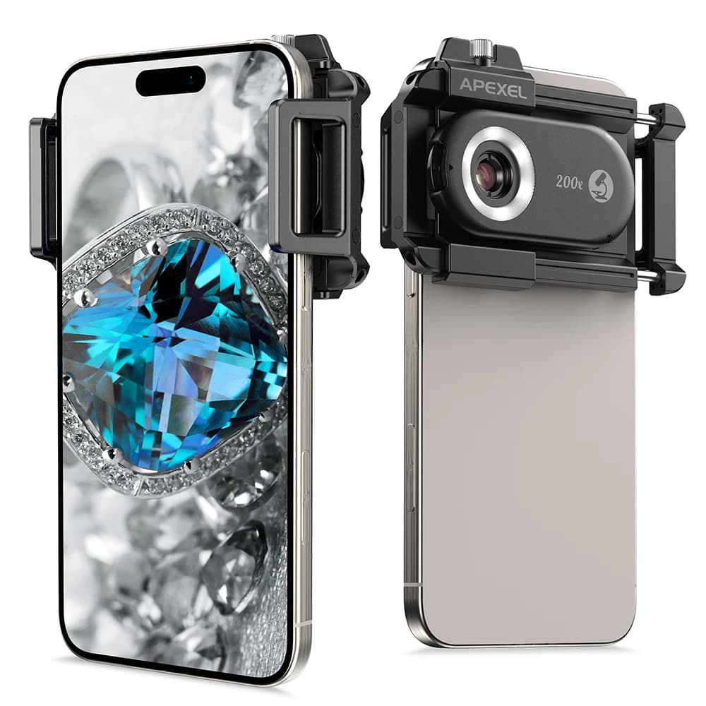 Lente Microscopio per Telefono APEXEL 200X, Micro Lente per Fotocamera con Clip Universale/Luce LED/CPL, Accessorio Microscopio Tascabile