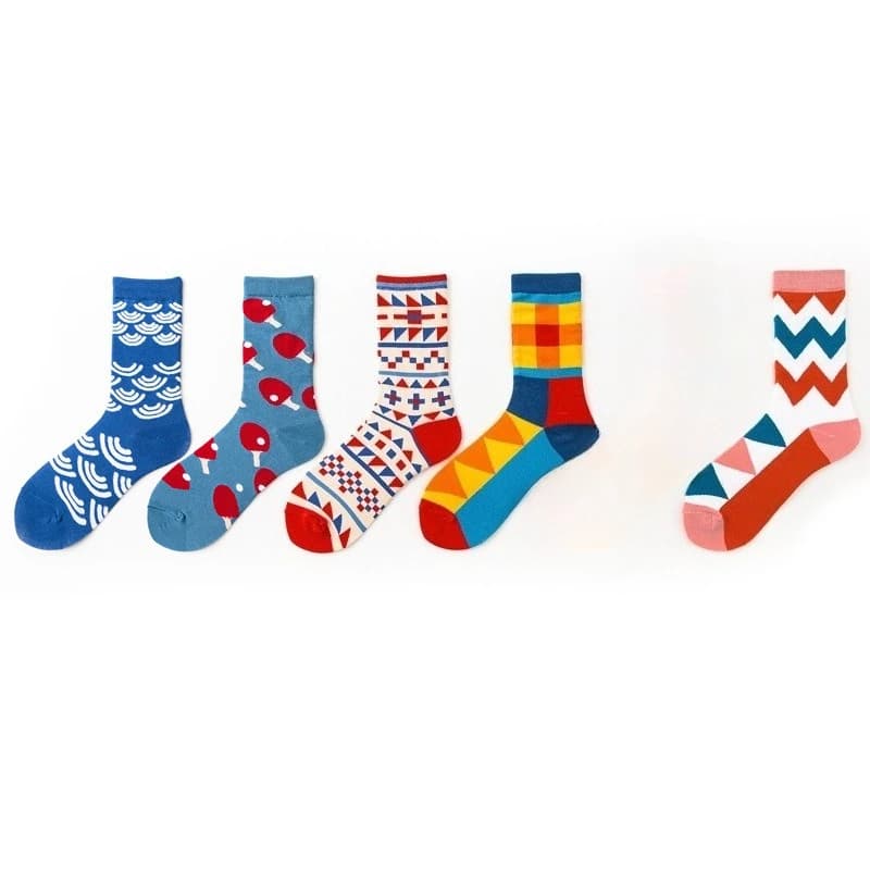 5 pairs of fashionable mid-tube socks autumn-winter, with contrasting geometric colors, trendy, personalized, casual, comfortable and versatile