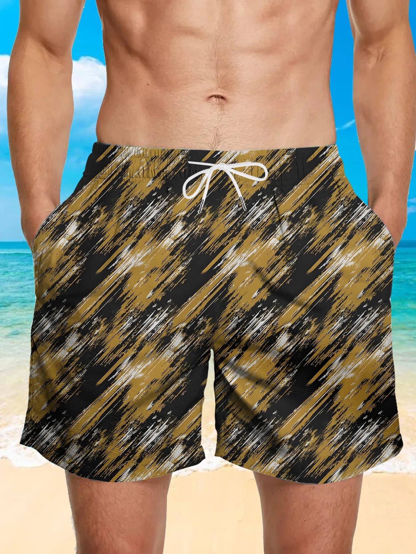 Pantaloncini alla moda con stampa digitale all-over da uomo, pantaloncini da spiaggia in poliestere leggeri e ad asciugatura rapida