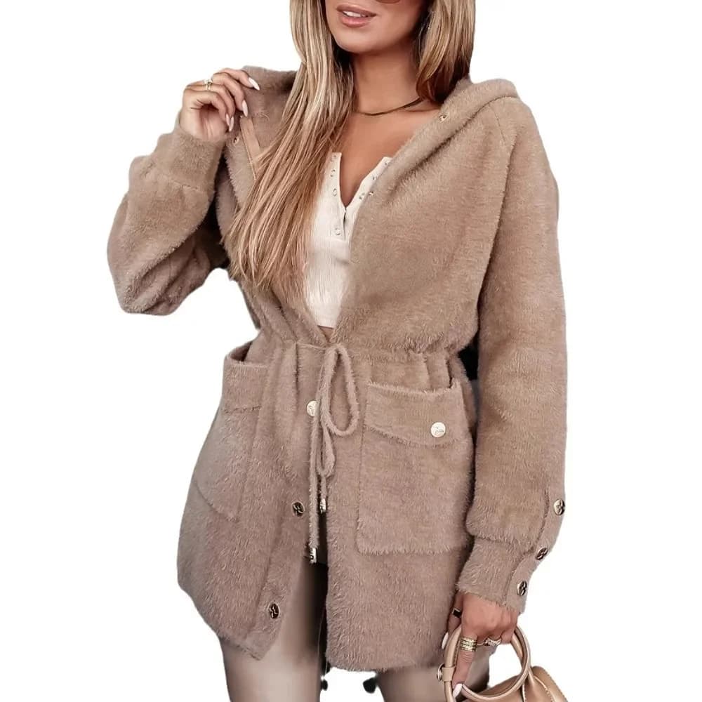 Giacca di lana con cappuccio con cerniera e fibbia in metallo con cintura urbana con coulisse 2025 nuovi vestiti autunnali e invernali, mo da donna di moda high street