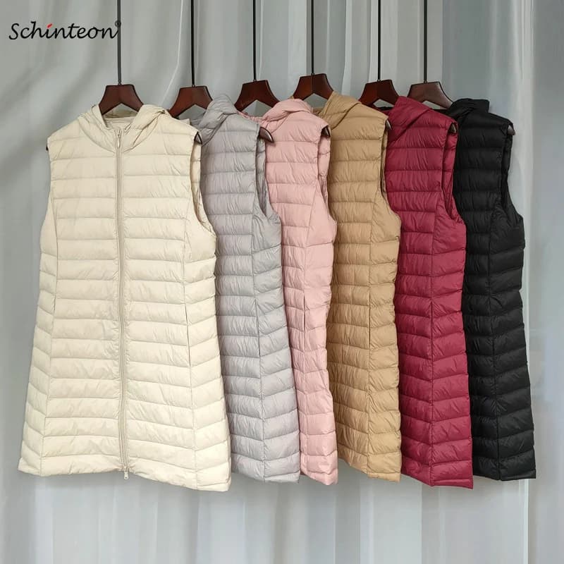 Schinteon donna ultraleggero piumino d'anatra bianca autunno inverno giacca senza maniche con cappuccio tinta unita Slim Top 2023 nuovo