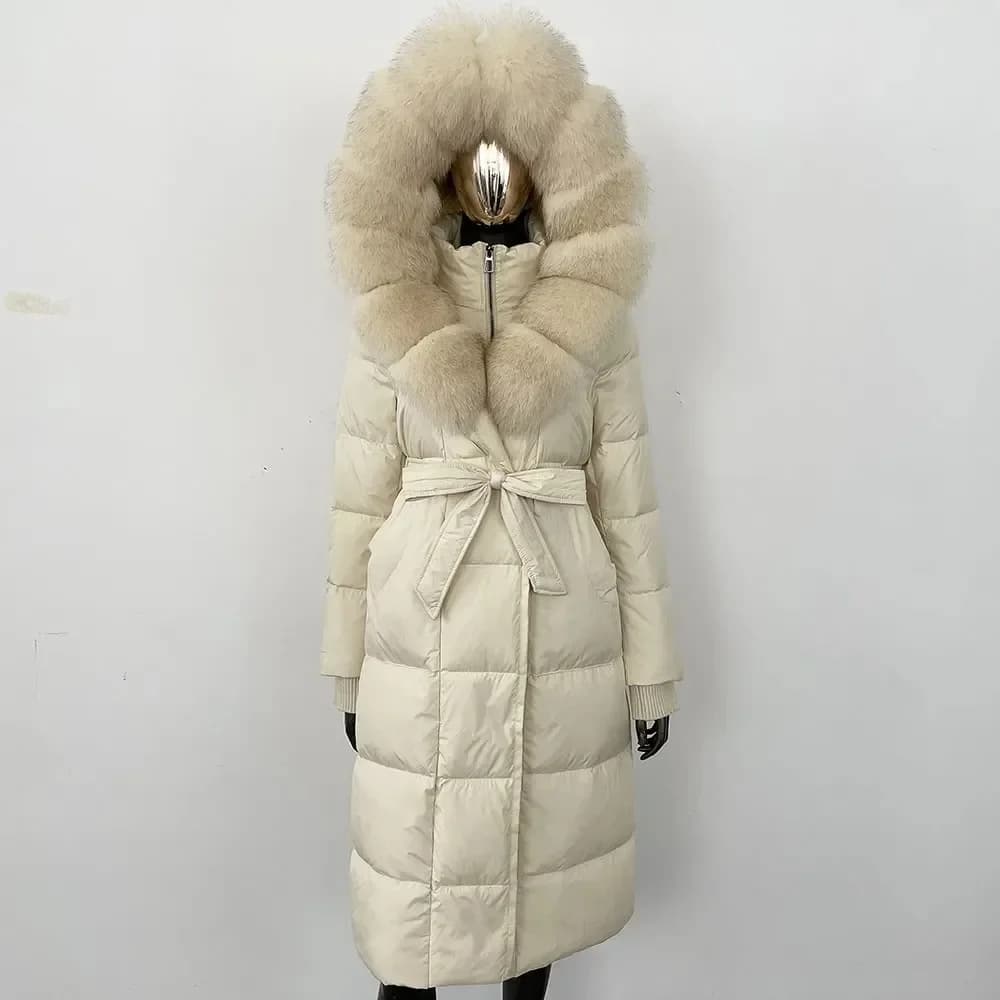 2025 Giacca invernale con collo in vera pelliccia di volpe Giacca allentata in piuma d'oca bianca Cappotto spesso caldo impermeabile Giacca Parka in pelliccia naturale da donna