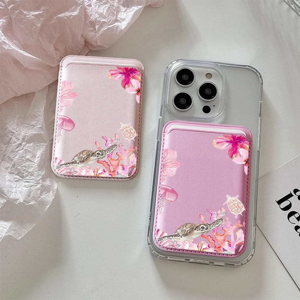 Portacarte in Pelle con Motivo Tartarughe Marine, Custodia per Telefono con Porta Carte, Compatibile con tutti gli iPhone, per Magsafe, Custodia Posteriore per Telefono INS