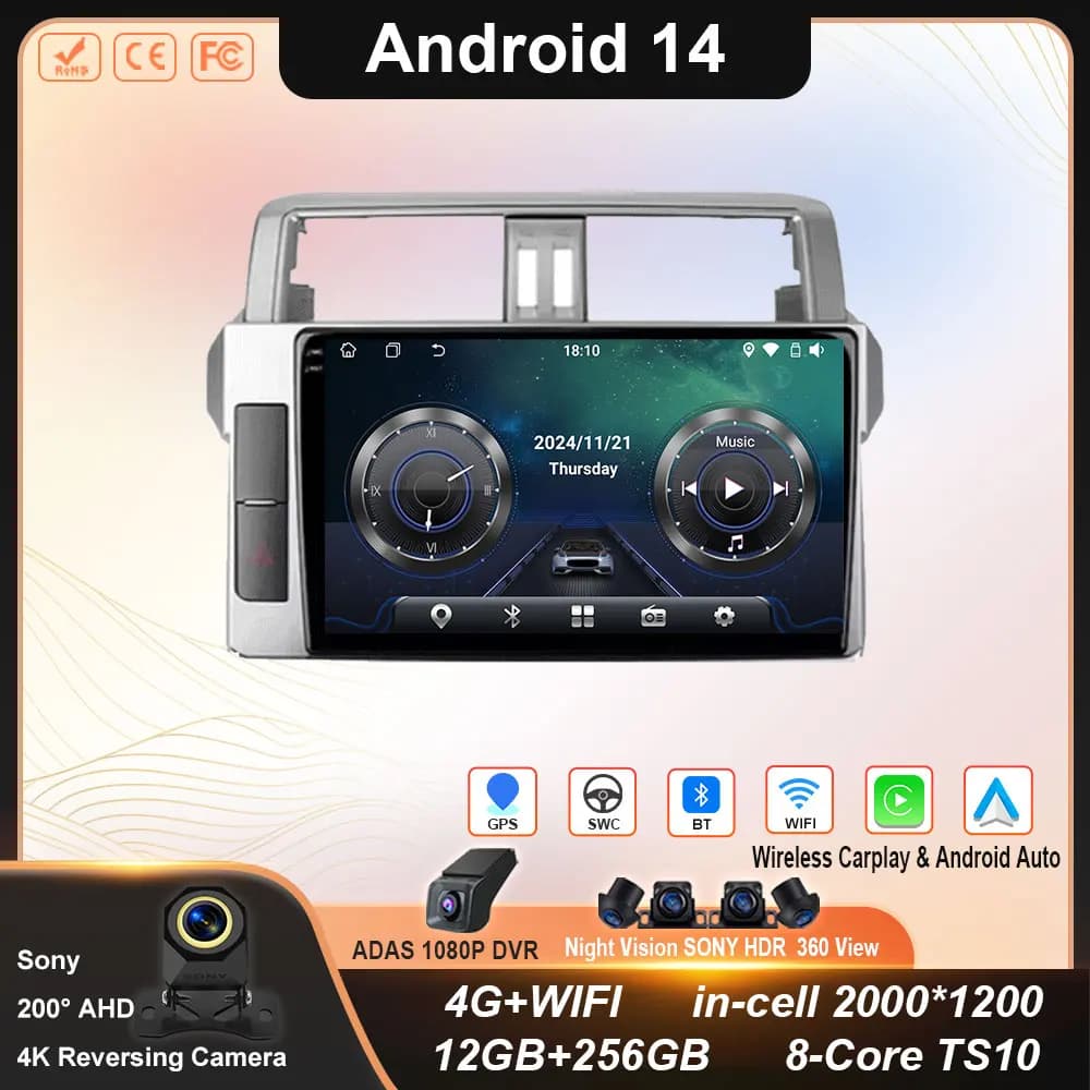 For Toyota Land Cruiser Prado 150 2013 - 2017 Carplay Auto GPS Autoradio Navigation Multimedia Video Player Stereo BT Android 14