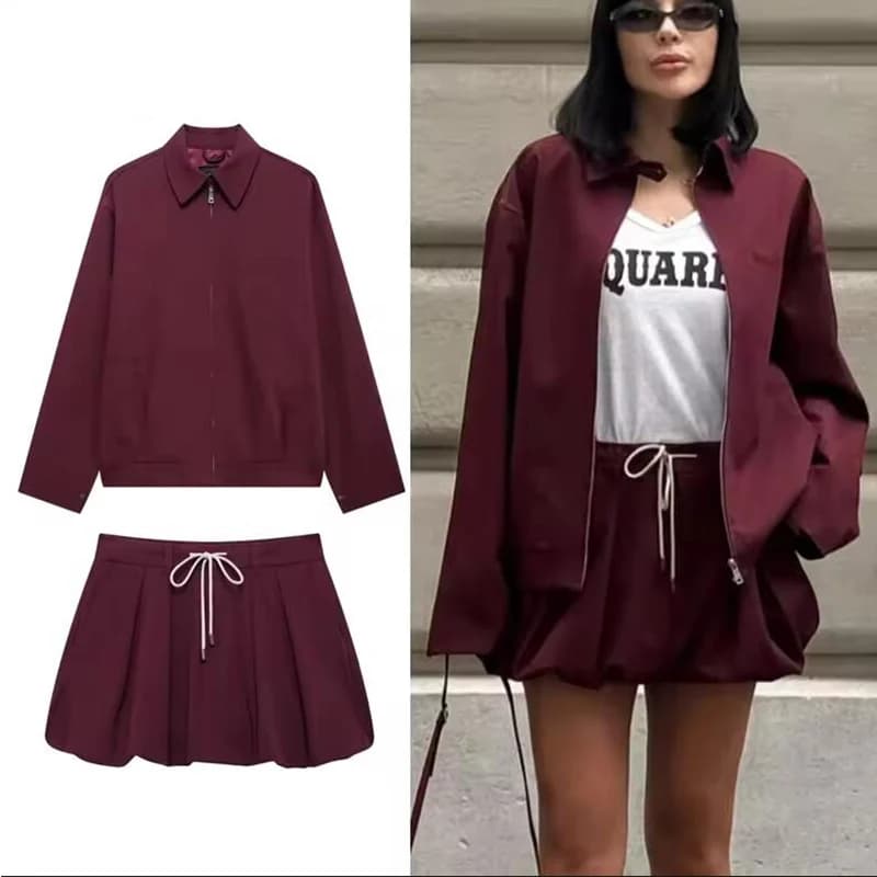 Set da donna casual da 2 pezzi Set di minigonne in edizione lanterna con lacci in vita Set da donna con giacca decorativa con tasca solida