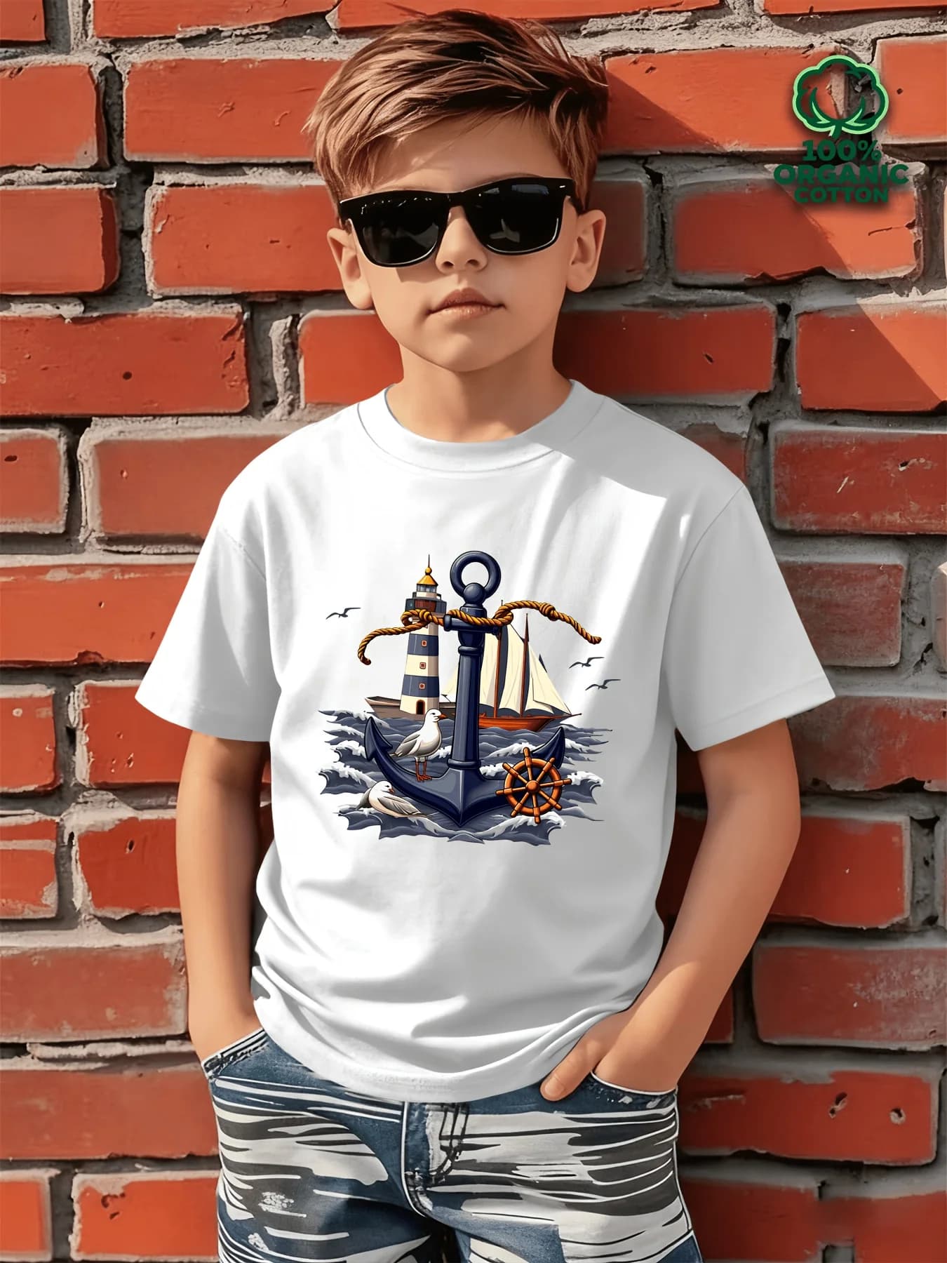 Children's Casual Fashion T-shirt with Sea Anchor Lighthouse Boat Pattern Comfortable Spring and Summer Daily T-shirt