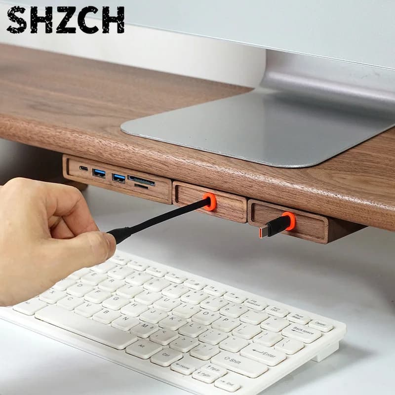 Extendable Charging Cord Holder Walnut Cable Organizer Self-Adhesive Desk Wire Management for Phone Laptop Minimalist Cord Clip