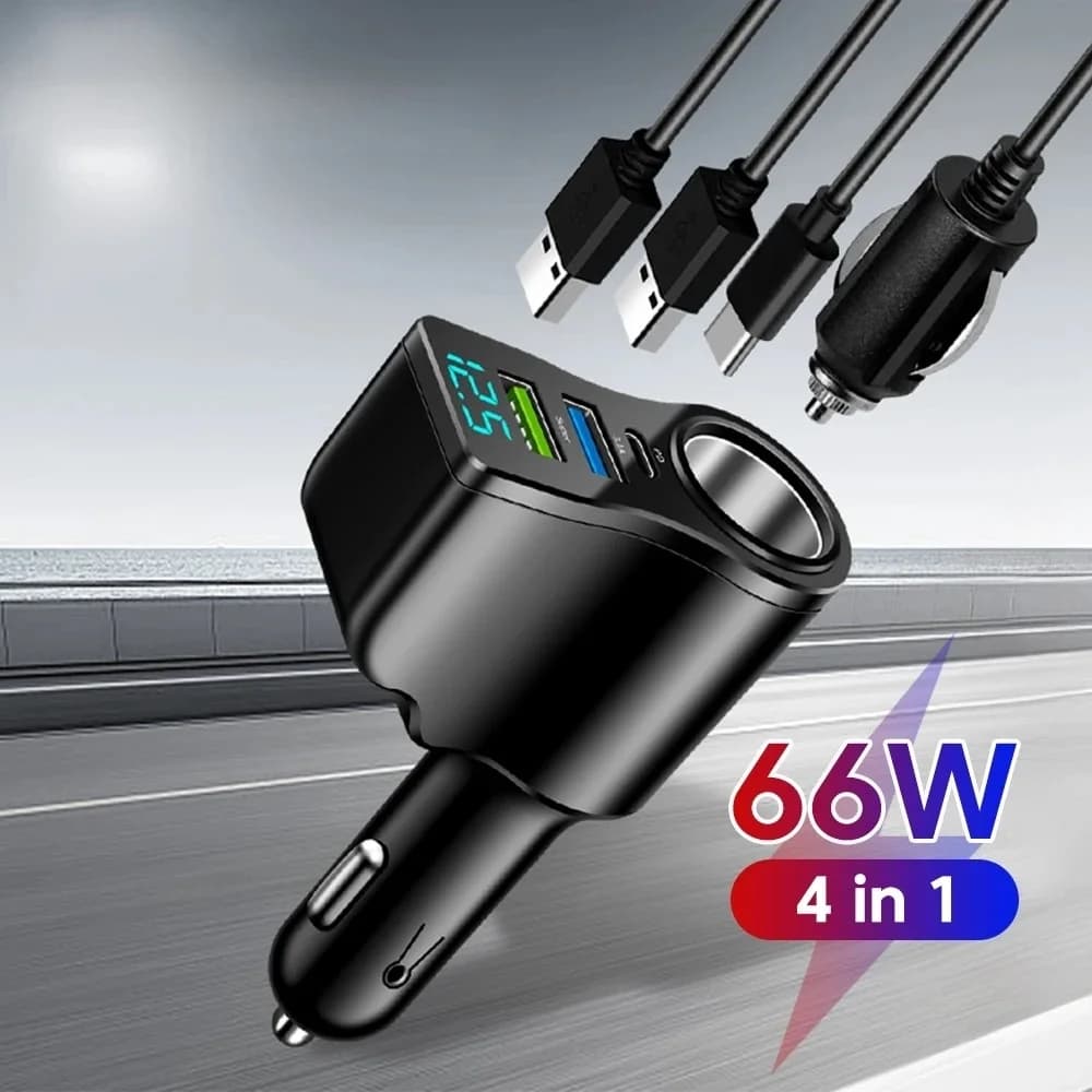 66W 5A Digital Display Car Fast Charger Dual USB Car Charger One to Three Cigarette Lighter Splitter Multifunctional Port Hub