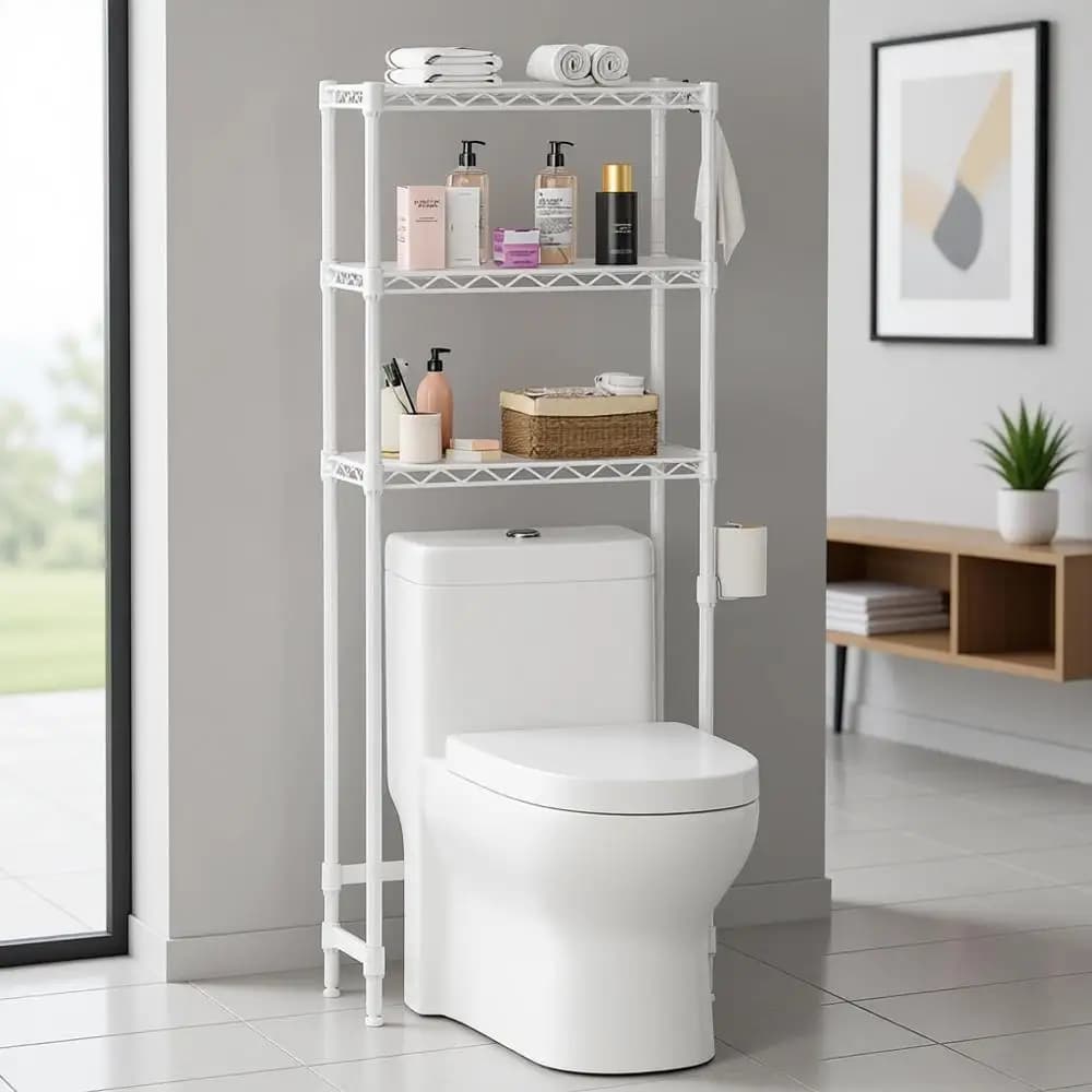 Organizzatore da bagno in metallo a 3 livelli regolabile con porta carta igienica e ganci, salvaspazio per bagni piccoli, 10D x 24W x 66H