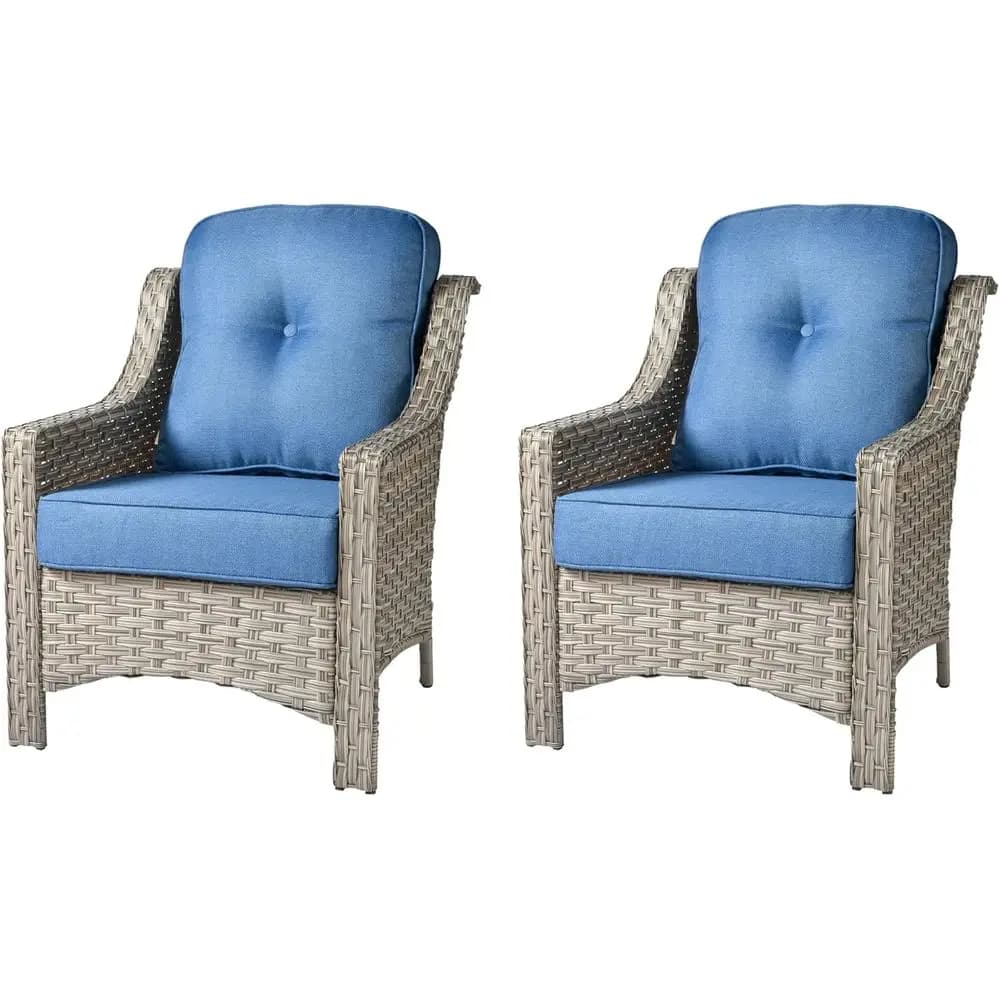 Grey Wicker Patio Furniture Set: 2 Chairs with Light Blue Cushions - Mix and Match Pieces