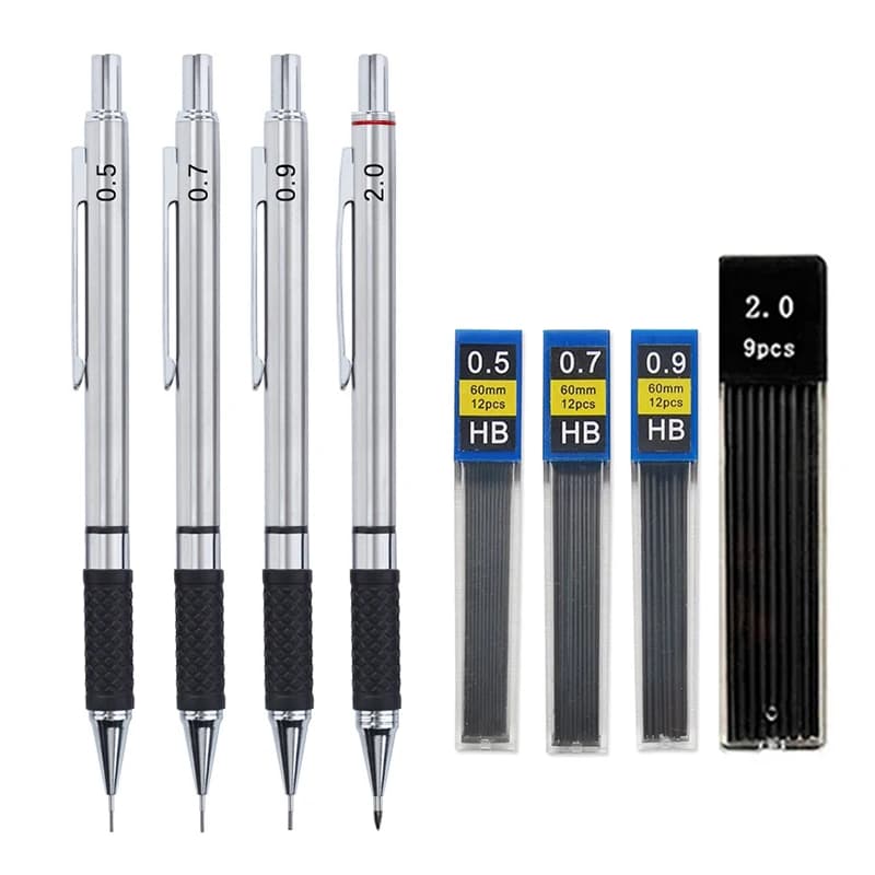 Set di matite meccaniche in metallo con impugnatura ergonomica, mina per disegno artistico, articoli per ufficio e scuola, matita automatica 0.5/0.7/0.9/2.0mm
