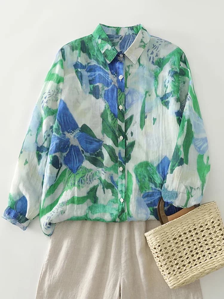 Camicia a maniche lunghe stampata in lino di cotone per donna in primavera autunno Nuova camicetta casual ampia con scollo rovesciato taglie forti S103