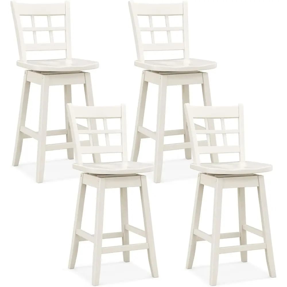 Set di 4 Sgabelli da Bar Girevoli con Schienale Cavo, Sedute Ergonomiche e Poggiapiedi, Altezza Bancone in Legno Bianco per Isola Cucina o Bar