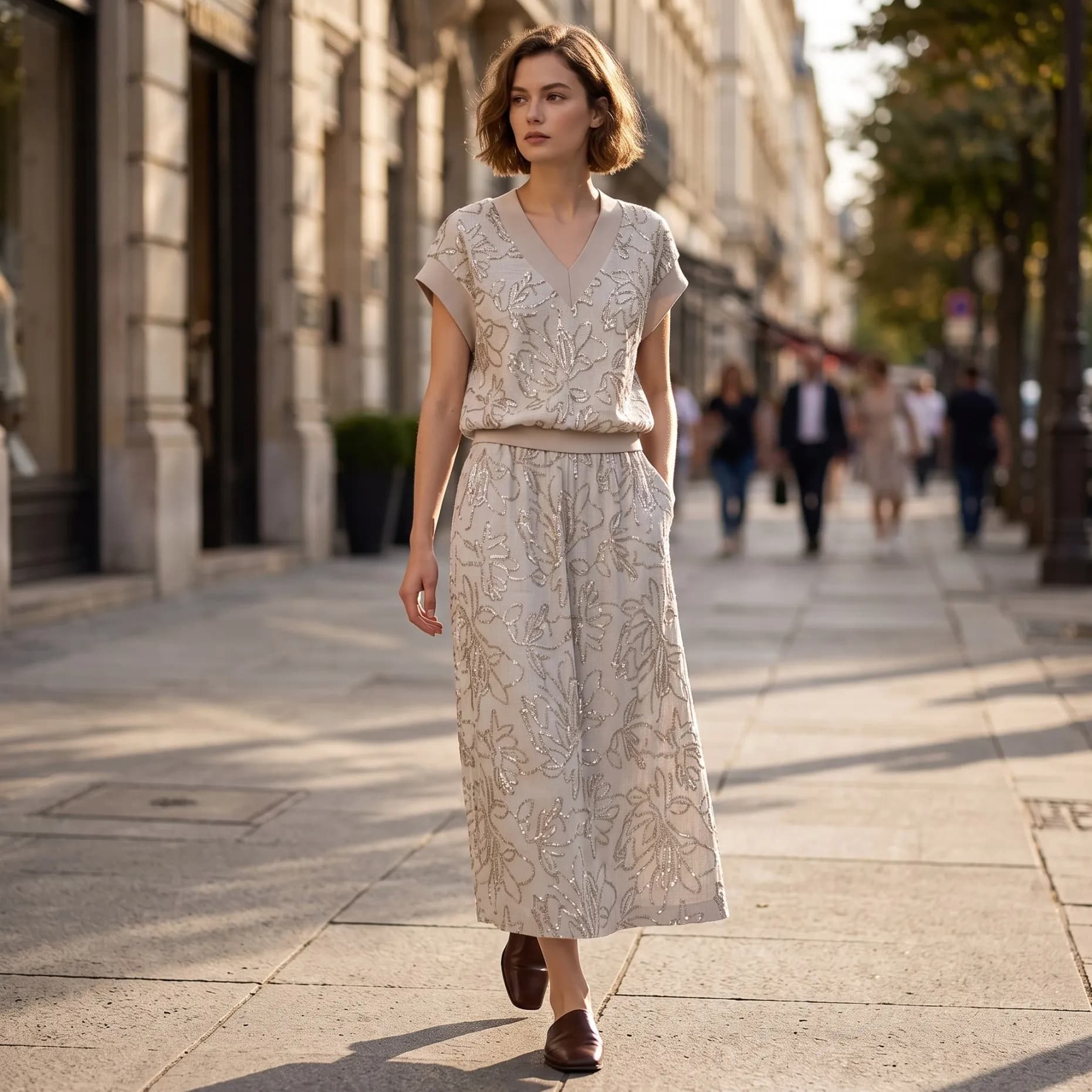 Elegant Women 2 Piece Skirt Set Sequin Floral Embroidery V Neck Crop Top High Waist Midi Skirt Luxury Summer Matching Set BF2812