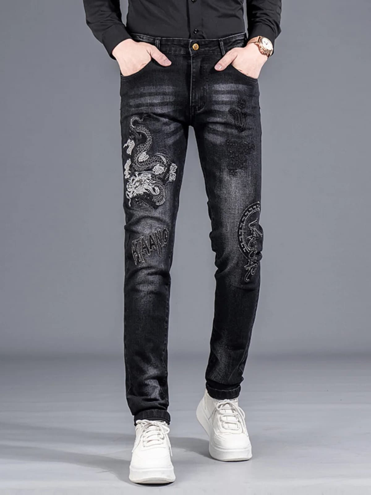 Faionable Embroidered Slim Fit Men's Jeans Elastic Casual Cotton Stretch Denim Pants Youth Trendy Autumn Wear Small Straigh...