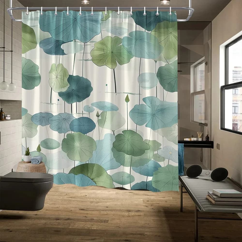 Tenda da doccia con gigli d'acqua - Disegni traslucidi blu, verde e verde acqua, poliestere, arredamento tranquillo minimalista