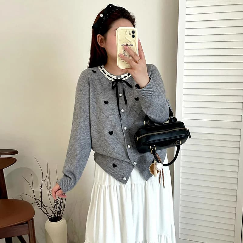 Cardigan in maglia stile dolce da donna con cuore ricamato, taglie forti, autunno inverno, in fibra di poliestere