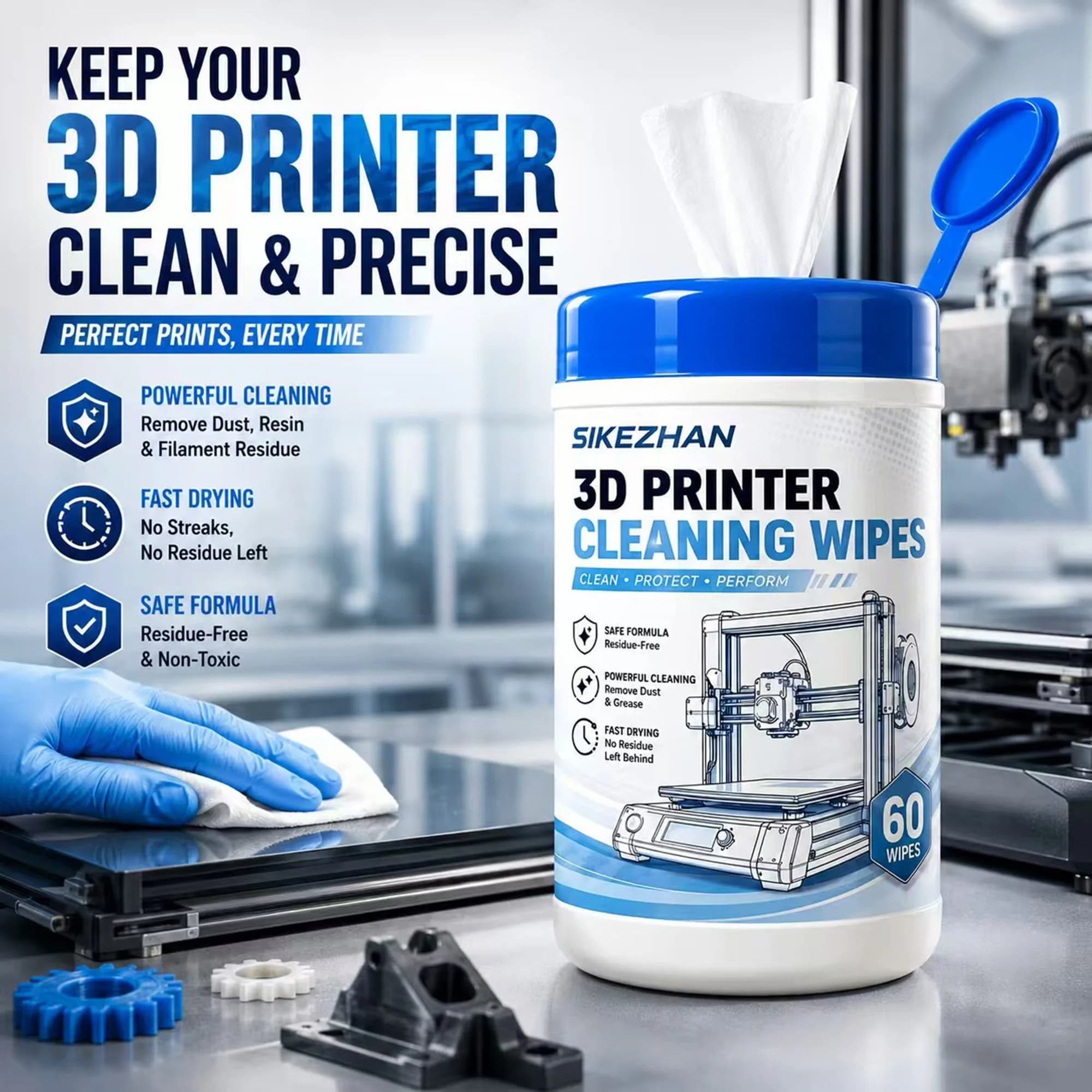 3D Printer Cleaning Kit:60Pcs Wipes,Nozzle Needles,Foam Swabs Heatbed Print Head Maintenance Tool for Ender 3 Anycubic Bambu Lab