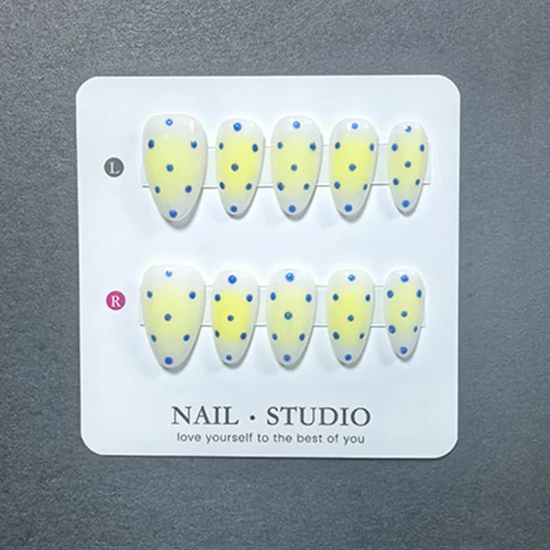 Set di 10 Unghie Finte a Mandorla con Effetto Sfumato e Pois, Unghie Acriliche Multieffetto Fatte a Mano, Set per Manicure con Gel Lucido