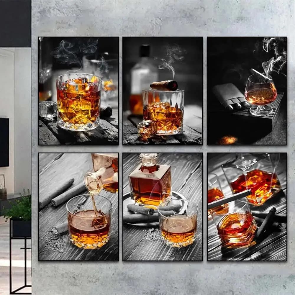 Fashion Bar Ristorante Wall Art Bicchiere da vino Bottiglia di whisky Sigaro Poster estetico per soggiorno Decorazioni per la casa